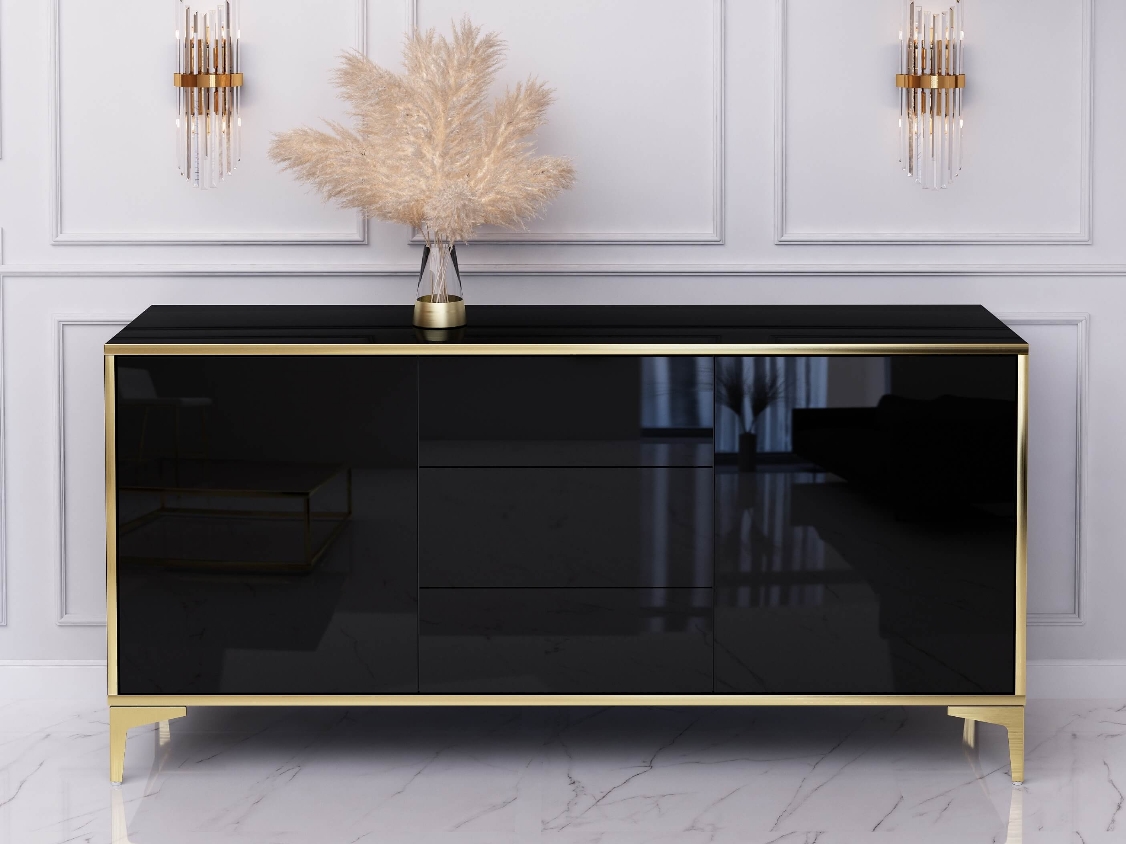 Sideboard Monako 154cm Schwarz hochglanz mit Goldene Beinen