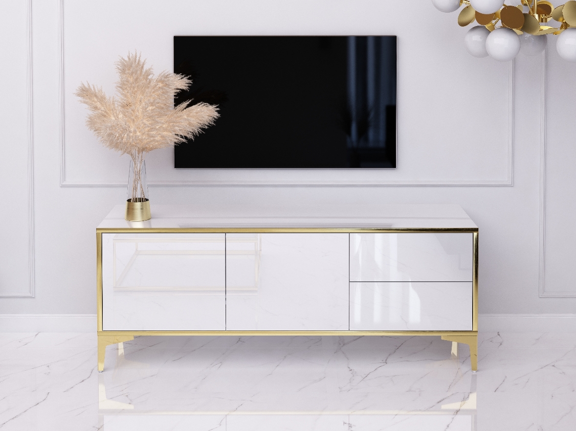 TV-Lowboard Monako 136cm Weiß hochglanz mit Goldenen Beinen